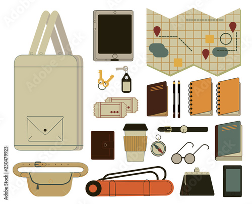 A set of various objects for travel, recreation, business trip, trekking, plein air. Notepad, documents, tickets, passport, coffee, phone, tablet, keys, tube, tissue bag, waist bag, sunglasses, purse