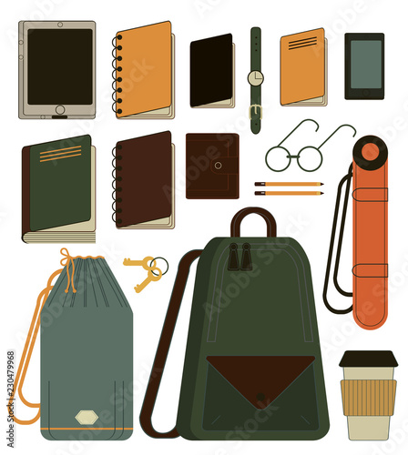 A set of various objects for travel, recreation, business trip, trekking, plein air. Notepad, documents, tickets, passport, coffee, phone, tablet, keys, tube, tissue bag, waist bag, sunglasses, purse