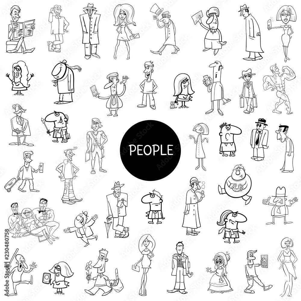 black and white people characters large set