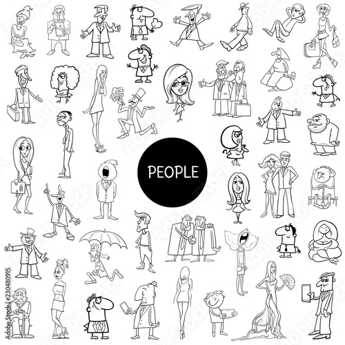 black and white cartoon people set