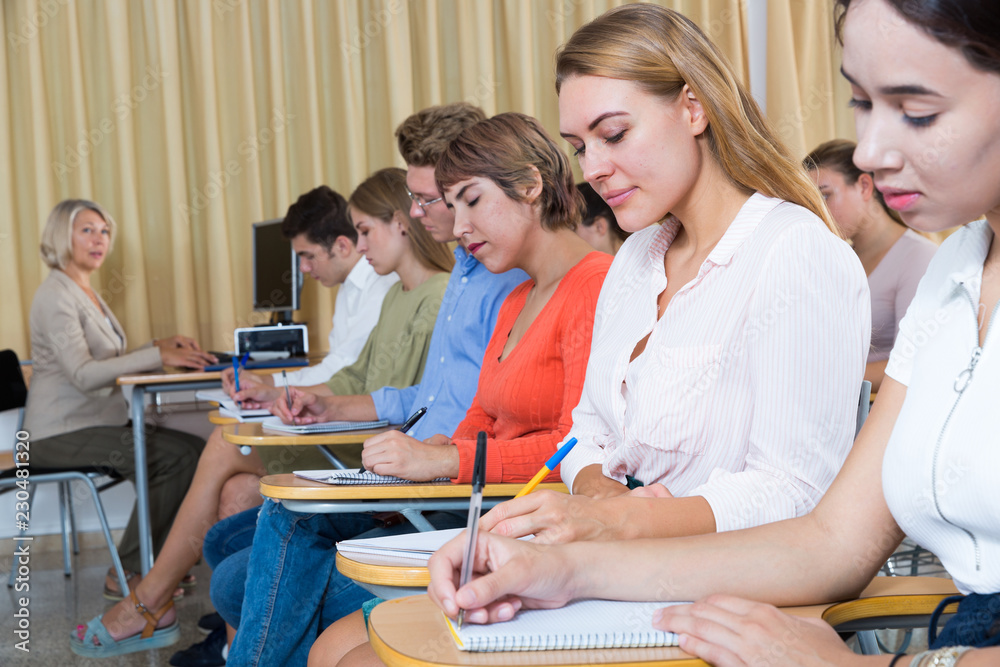 Obraz premium Side view of row of people with lecturer at extension courses