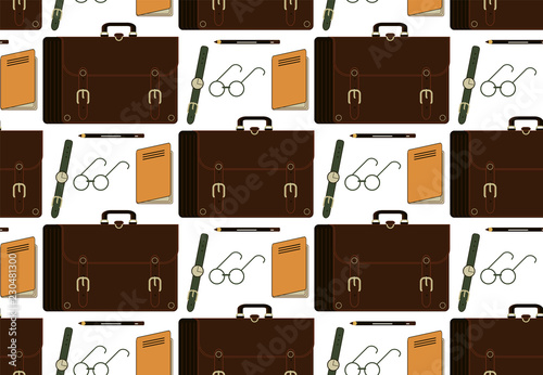 A seamless pattern vintage travel bags, backpacks, cases, luggage and travel items - passport, tickets, card, compass, glasses, watch. Traveling, hiking, flying, resting, vacation. © 247920724