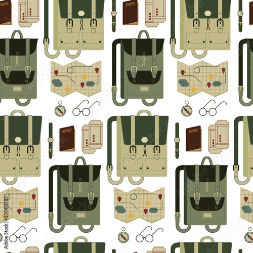 A seamless pattern vintage travel bags, backpacks, cases, luggage and travel items - passport, tickets, card, compass, glasses, watch. Traveling, hiking, flying, resting, vacation.