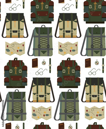 A seamless pattern vintage travel bags, backpacks, cases, luggage and travel items - passport, tickets, card, compass, glasses, watch. Traveling, hiking, flying, resting, vacation.
