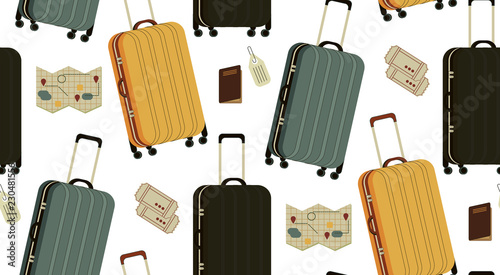 A seamless pattern vintage travel bags, backpacks, cases, luggage and travel items - passport, tickets, card, compass, glasses, watch. Traveling, hiking, flying, resting, vacation.