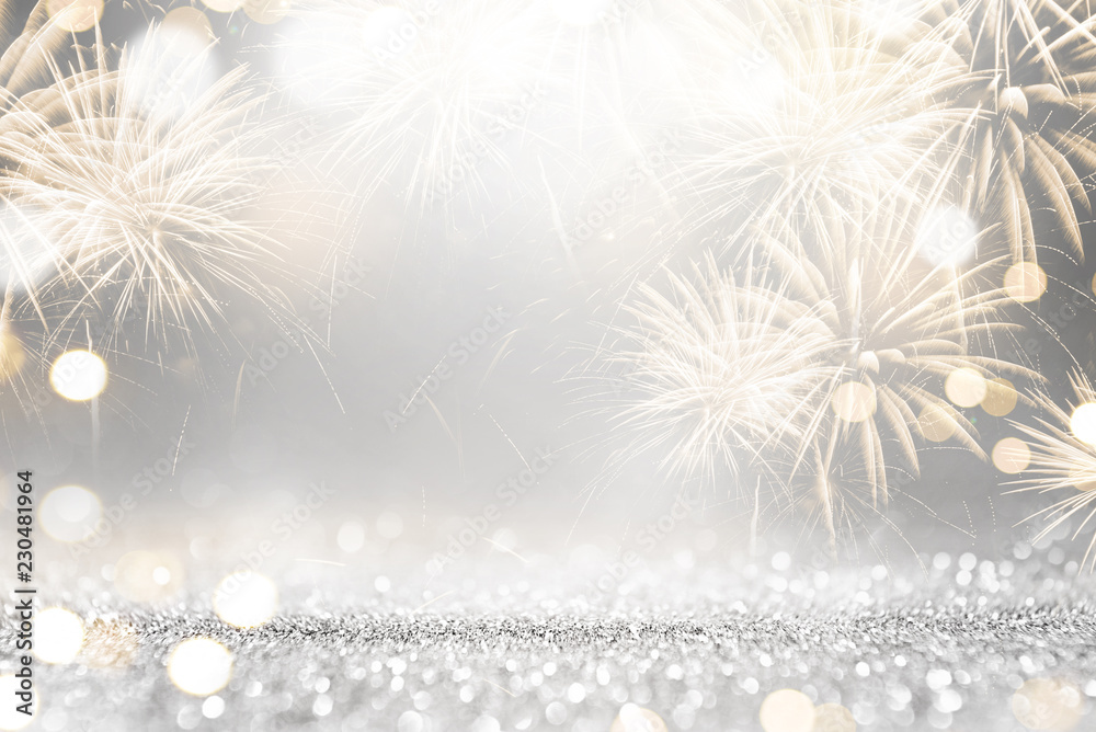 Gold and silver Fireworks and bokeh in New Year eve and copy space ...