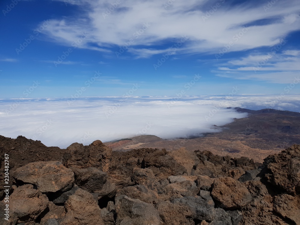 Beautiful scenery over the clouds from the big famous volcano Pico del Teide in Tenerife, Europe