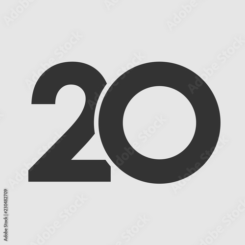 20 th years old logotype. Isolated simple abstract graphic symbol of 20%. Straight elegant cut number design template. Round shape digits, up to -20 % percent off sign. Emblem in minimalistic slyle.