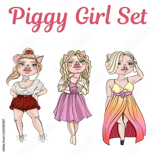 Fashion piggy girl set. 2019 year of the pig. Funny horoscope. Cute animal. Vector illustration in cartoon style.