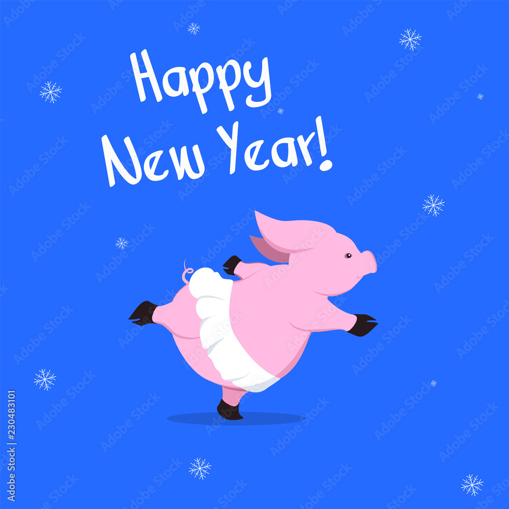Dancing funny cartoon piggy celebrate Happy New Year Vector illustration