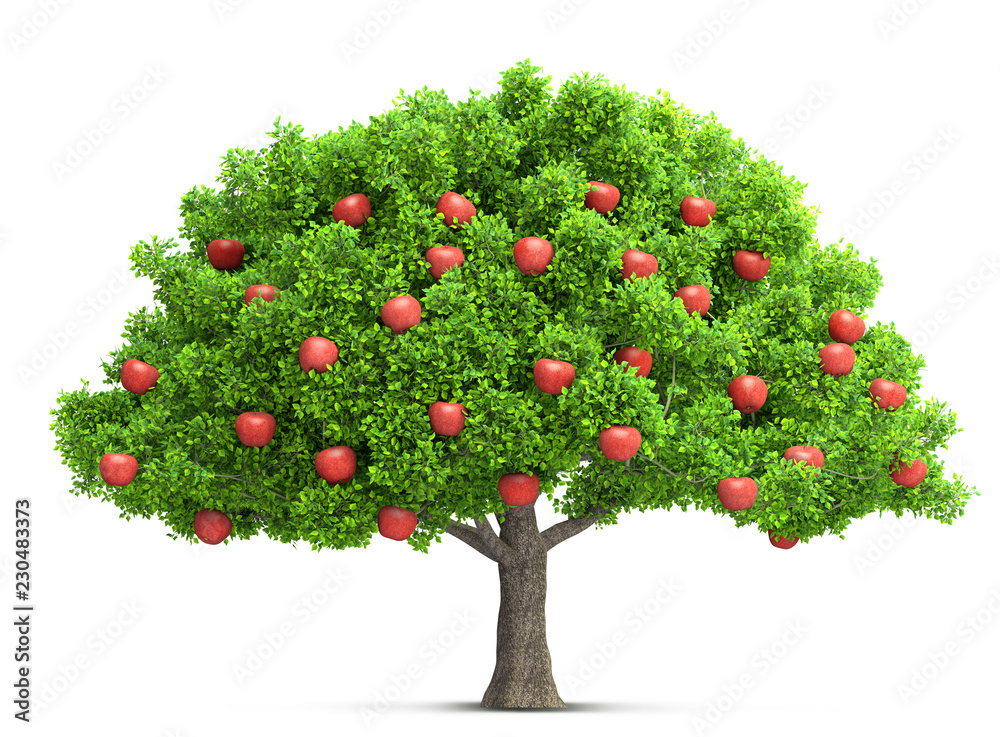 red apple tree isolated 3D illustration