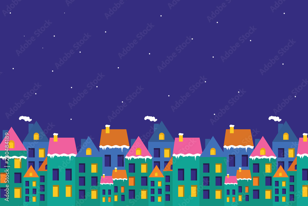 Merry Christmas greeting card with snowy buildings, homes, house