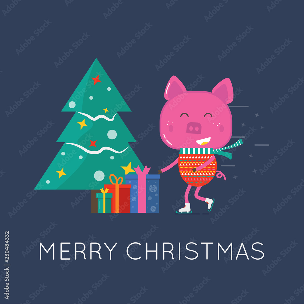 Fototapeta premium Merry Christmas greeting card with cute animals, pig