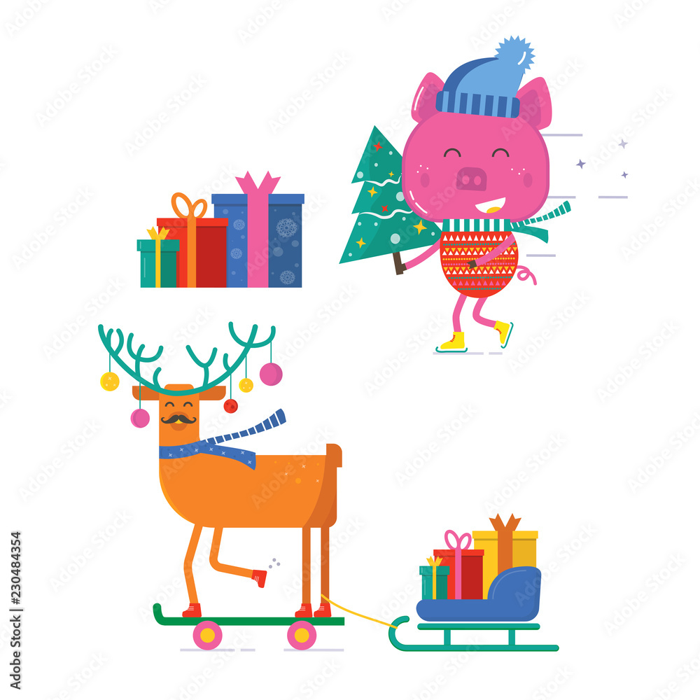 Merry Christmas greeting card with cute animals: pig with tree a