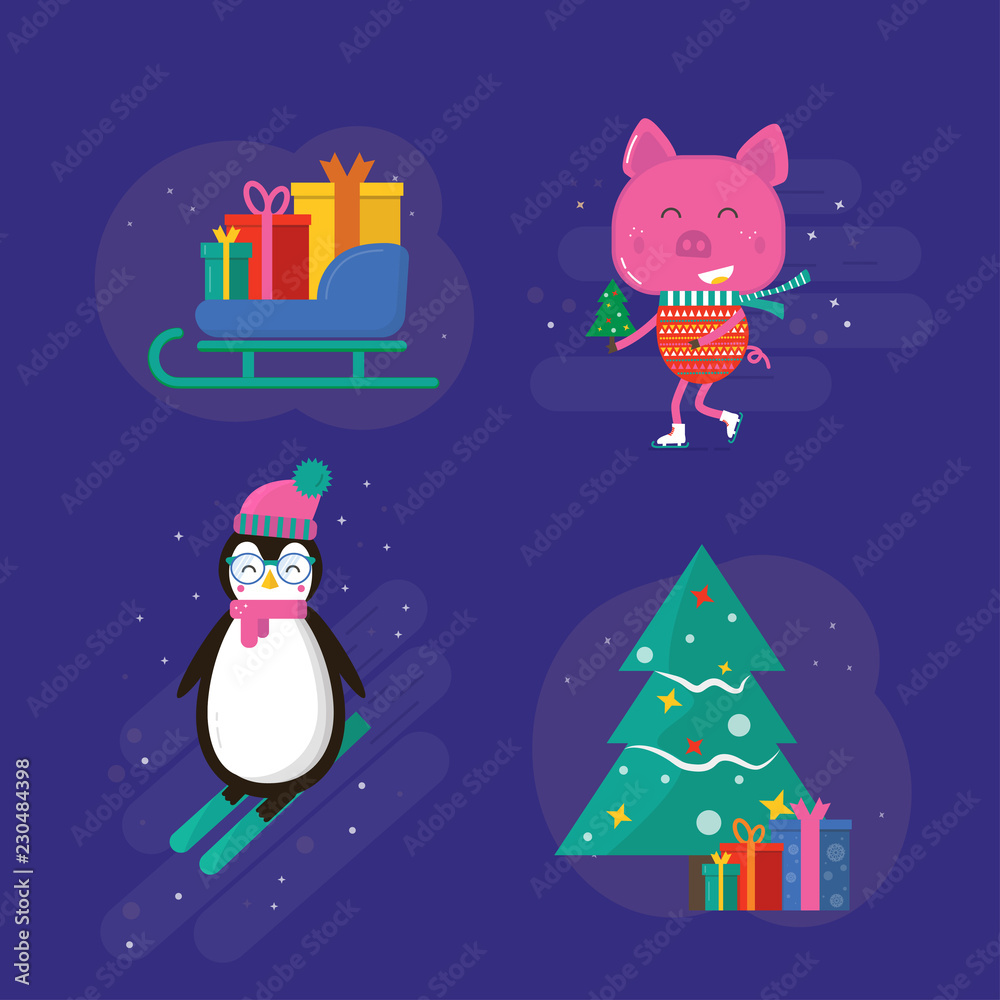 Fototapeta premium Merry Christmas greeting card with cute animals: pig and pinguin