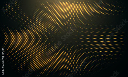 Abstract black background textured with radial glitter golden halftone pattern. Decoration element with stamped dotted ornament. Creative cover design template. Vector illustration.
