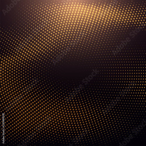 Abstract black background textured with radial glitter golden halftone pattern. Decoration element with stamped dotted ornament. Creative cover design template. Vector illustration.