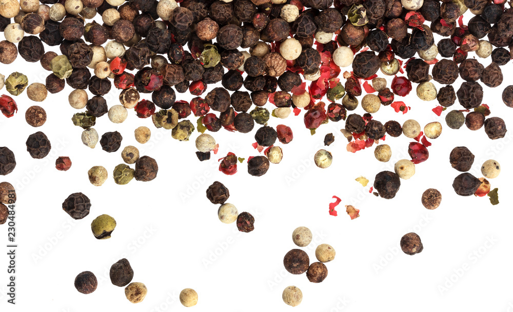 Mix of different peppers isolated on white background (black, red, green and white peppercorns) Mix of different peppers isolated on white background (black, red, green and white peppercorns)