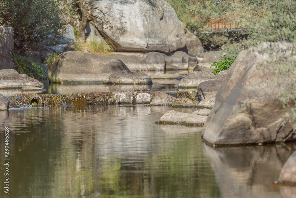 Fototapeta premium Theme river, river in mountain, margins with rocks and vegetation and mirror image in water in Portugal