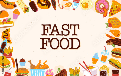 Vector fast food frame illustration with junk food menu items - burger, pizza, desserts, hot dogs etc on light textured background. Hand drawn sketch style. Banner, menu page design, special offer etc
