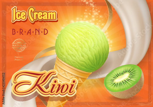 Sweet kiwi ice cream in a waffle cone advertising