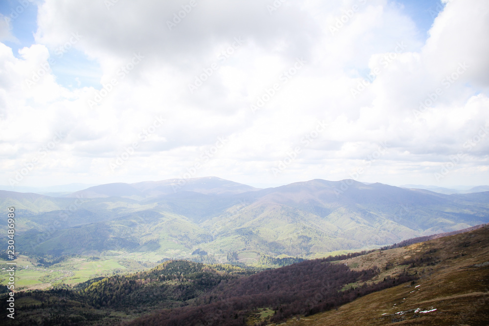 Ukrainian picturesque Carpathians. Mountain trip. Traveling Fields. Landscapes from the top. Trees. Autumn