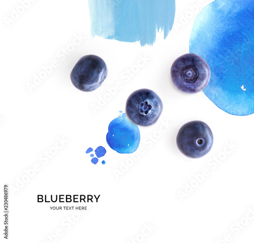Fototapeta Creative layout made of blueberry on the watercolor background. Flat lay. Food concept.
