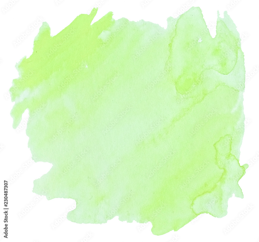 Green pastel watercolor hand-drawn isolated wash stain on white background for text, design. Abstract texture made by brush for wallpaper, label.