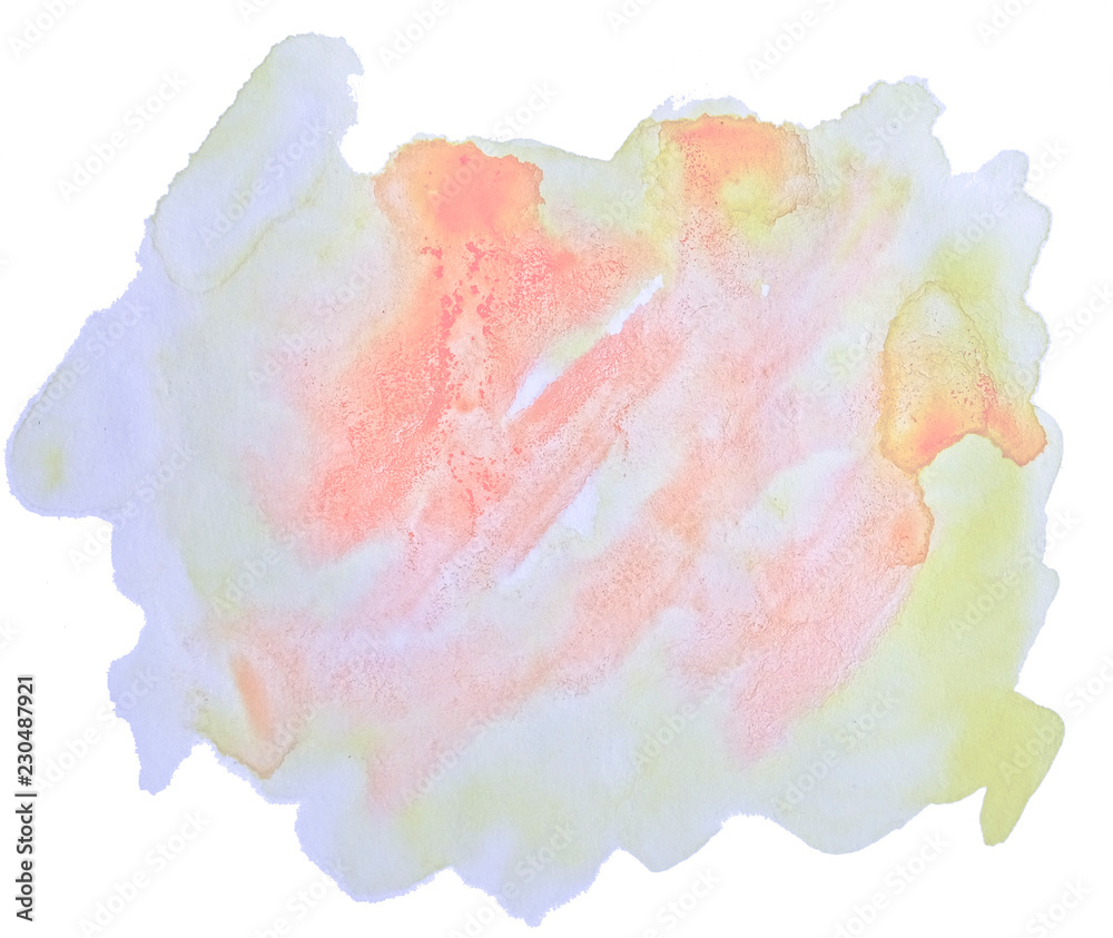 Multicolor pastel watercolor hand-drawn isolated wash stain on white background for text, design. Abstract texture made by brush for wallpaper, label.