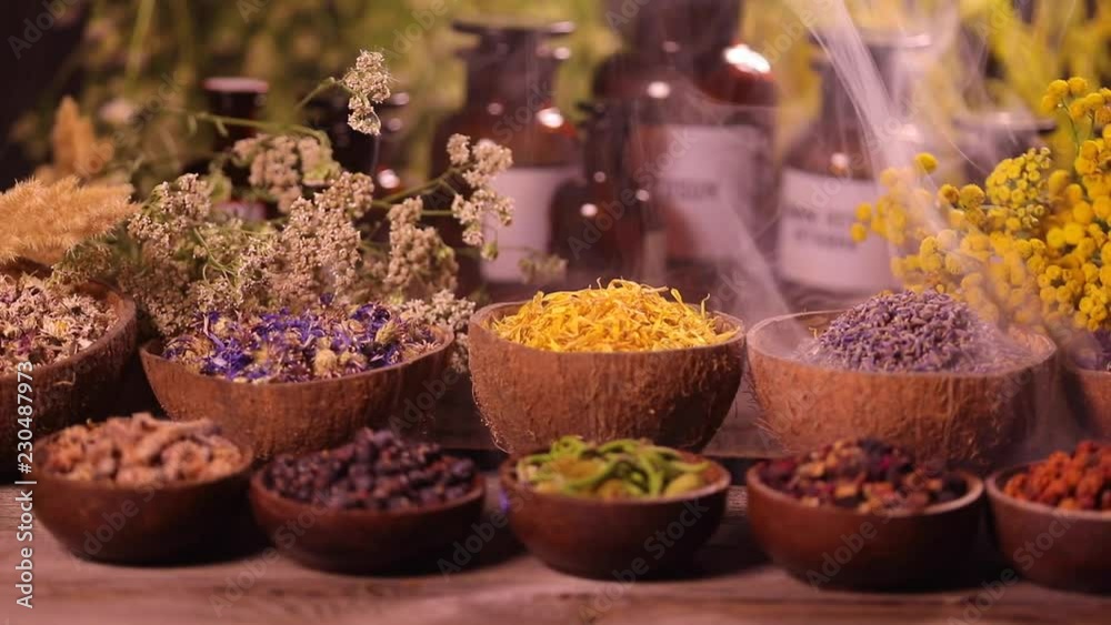 Fresh medicinal herbs, smoke on wooden Fresh medicinal herbs, smoke on wooden