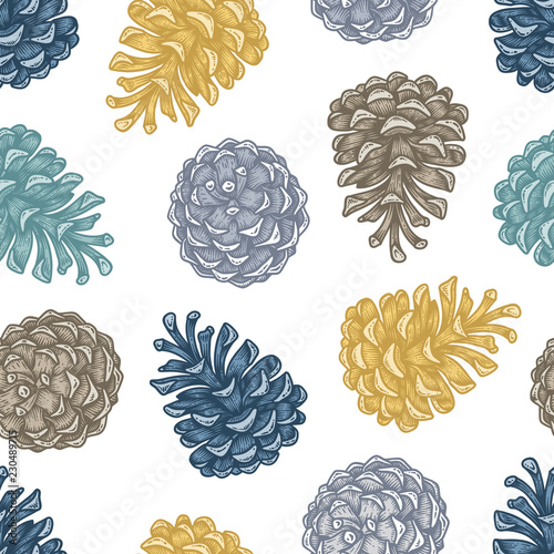 Hand draw engraving of a pine cone in a seamless pattern.