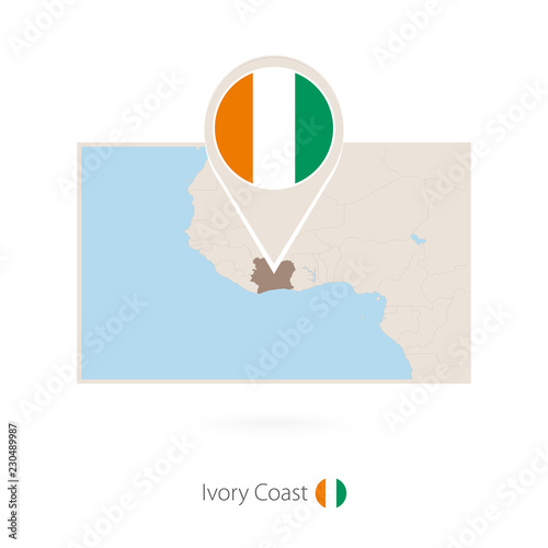 Rectangular map of Ivory coast with pin icon of Ivory coast