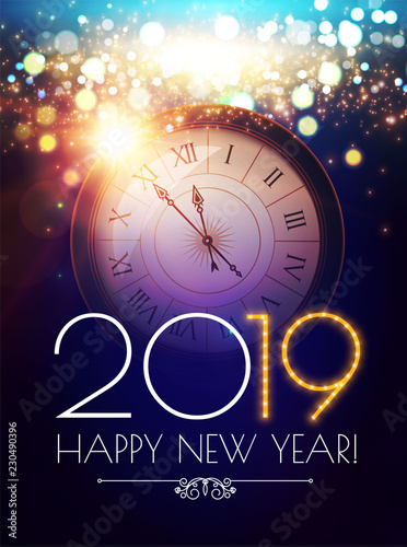 Happy Hew 2019 Year! Clock, Fileworks, Lights and Bokeh Effect.