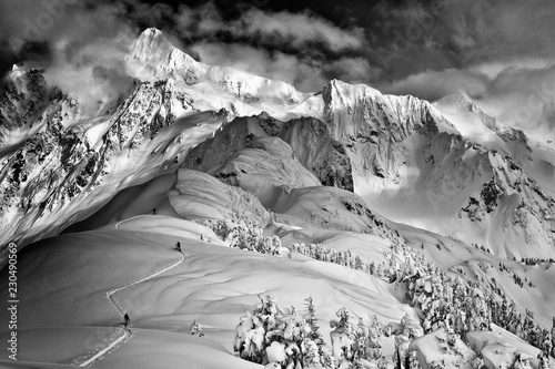 Skiers on Shuskan Arm, North Cascades, Washington, USA