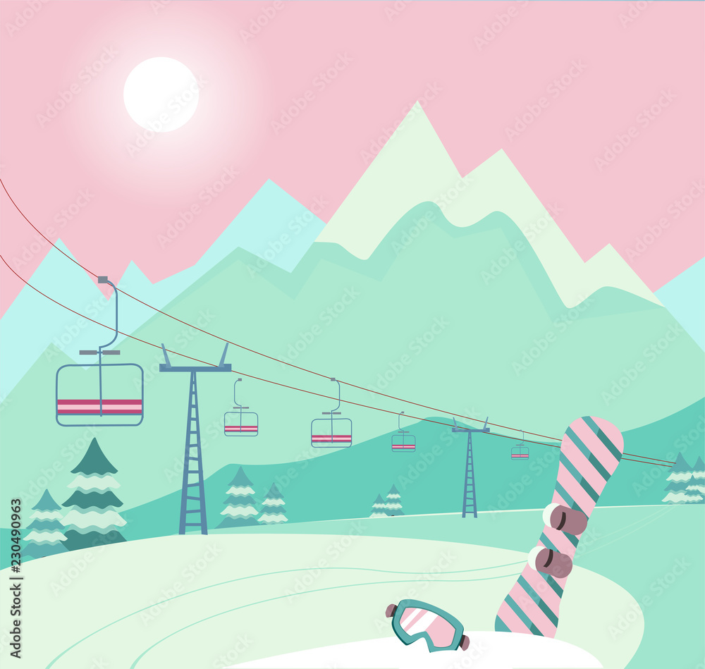 Winter snowy landscape with Ski equipment snowboard and ski goggles, lift, trail, Alps, fir trees, sunny weather, mountains panoramic background. Ski resort season is open. Winter web banner design.
