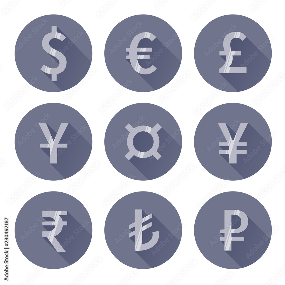 Flat style currency sign set. Vector euro, dollar, pound, yen, yuan, rupee, lira and rouble signes isolated on white background. Flat style currency sign set. Vector euro, dollar, pound, yen, yuan, rupee, lira and rouble signes isolated on white background.