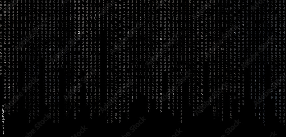 A black screen of a monitor or TV with falling white numbers in rows