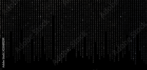Obraz na płótnie A black screen of a monitor or TV with falling white numbers in rows w salonie