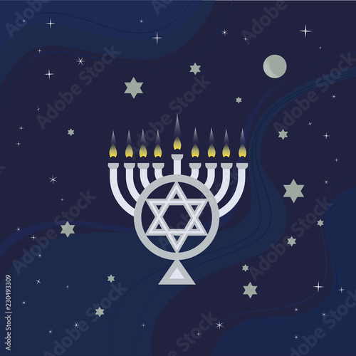 Hanukkah candles with light in night. Jewish Festival of Lights celebration, festive background with menorah, David star symbol. Happy Hanukkah holiday greeting card template. Vector illustration