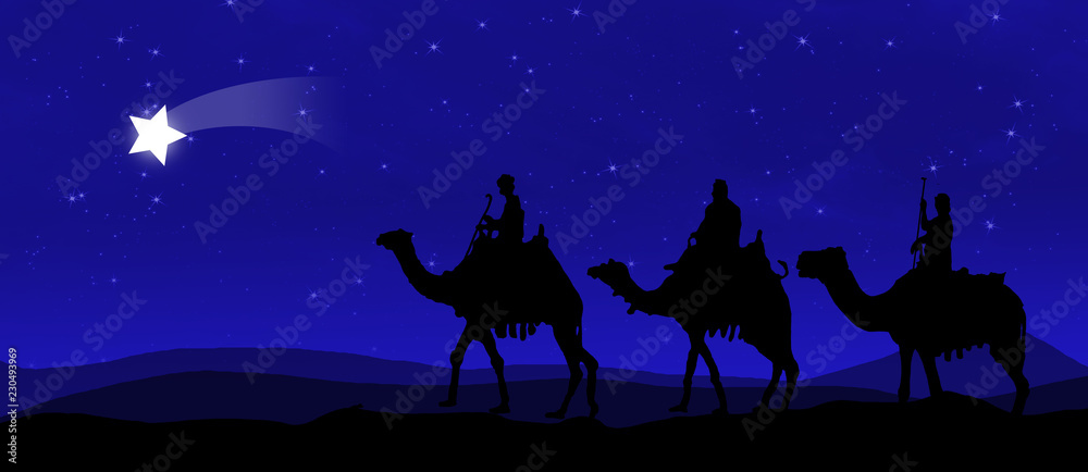 Three kings - wandering in the desert at night against the sky with stars and led by a star Three kings - wandering in the desert at night against the sky with stars and led by a star
