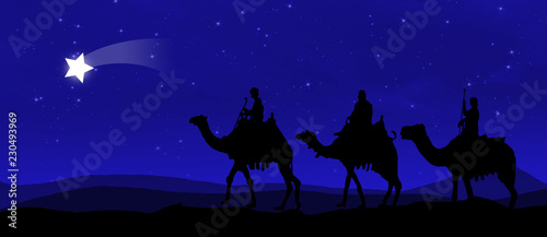 Three kings - wandering in the desert at night against the sky with stars and led by a star