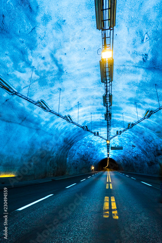 Famous Laerdal Tunnel Blue Lights in Norway. Longest Road Tunnel in the World - 15 Miles connecting Lærdal and Aurland in Sogn og Fjordane near Bergen