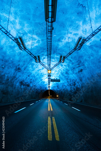Famous Laerdal Tunnel Blue Lights in Norway. Longest Road Tunnel in the World - 15 Miles connecting Lærdal and Aurland in Sogn og Fjordane near Bergen