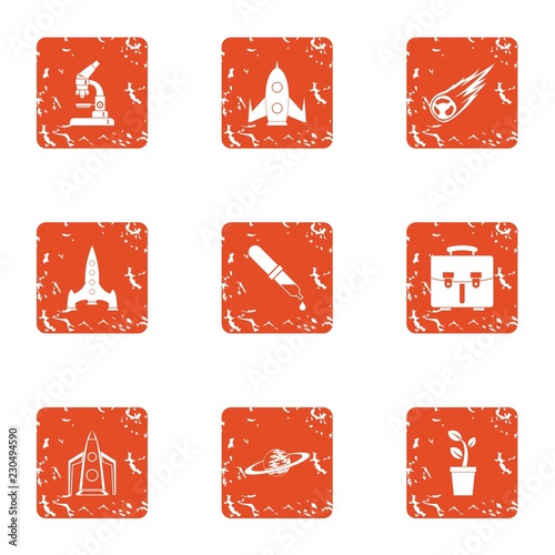 Space launch icons set. Grunge set of 9 space launch vector icons for web isolated on white background