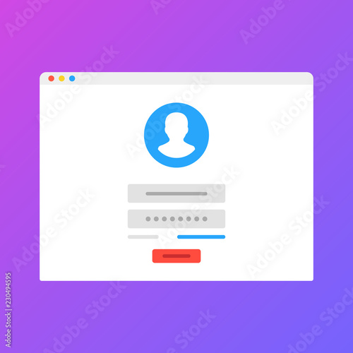 Online registration form. Login form, sign in page opened in web browser window. Modern flat design vector illustration