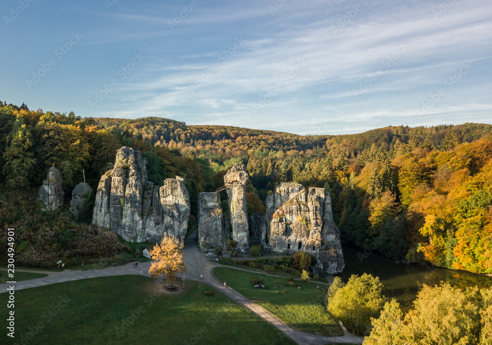 Externsteine rock formation, also called German Stonehenge, in autumn