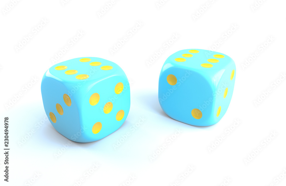 Blue dice with yellow dots on white background Blue dice with yellow dots on white background