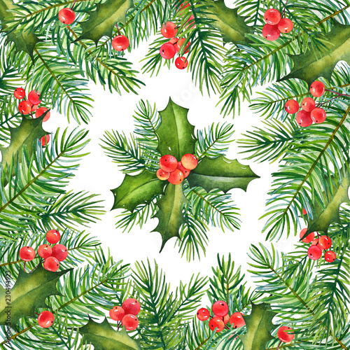 Decorative Christmas floral design with watercolor branches of holly with berries and pine tree