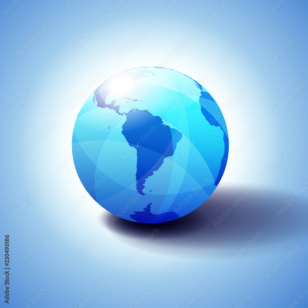 South America Background with Globe Icon 3D illustration, Glossy, Shiny Sphere with Global Map in Subtle Blues giving a transparent feel