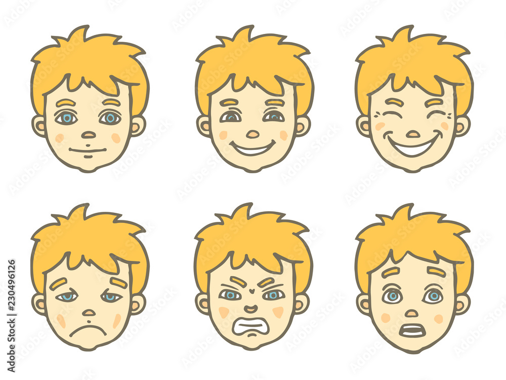 Boy with bright hair. Face expression set Boy with bright hair. Face expression set